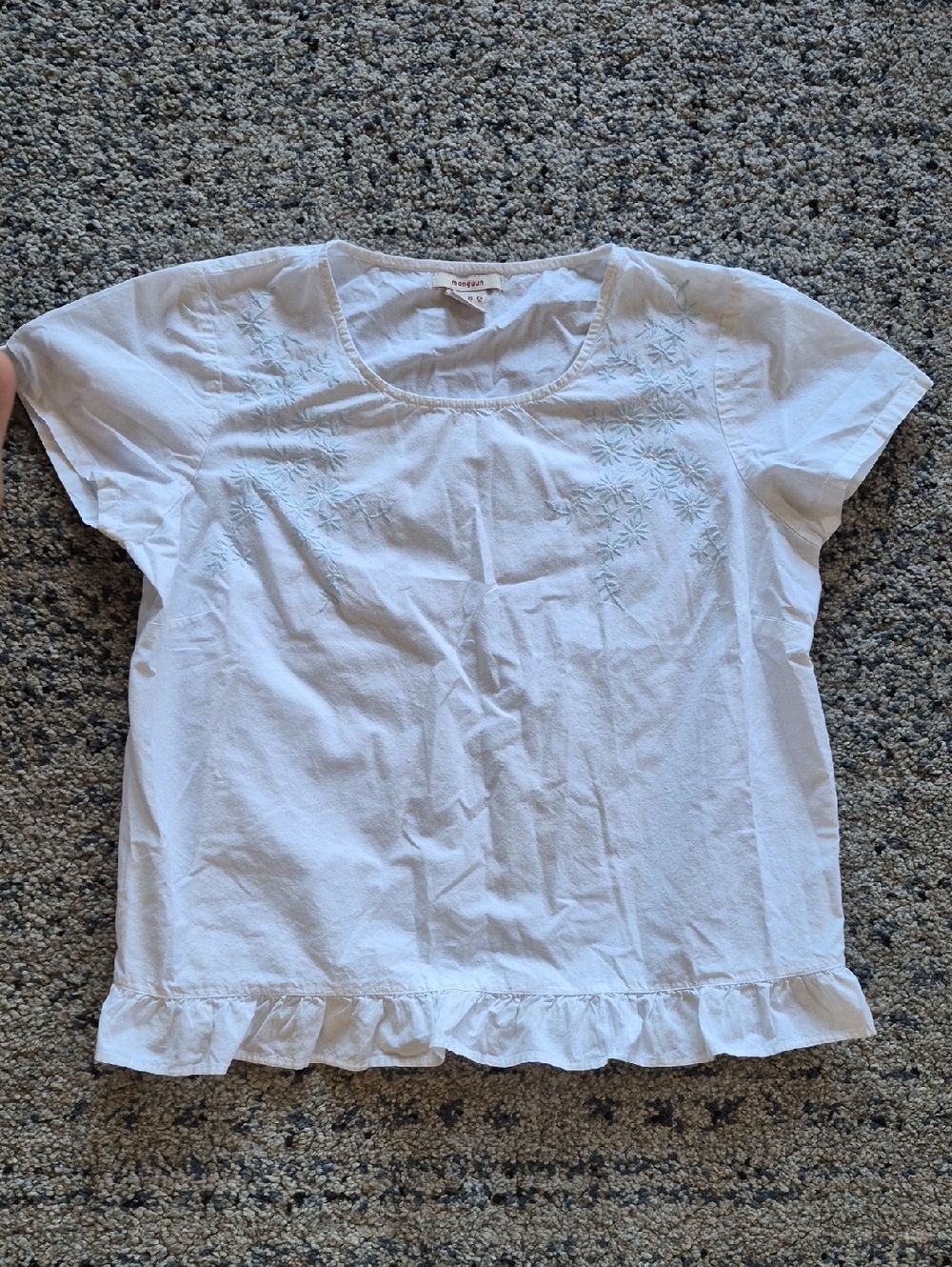 White Embroidered Ruffle-Hem Short Sleeve Cotton Tee